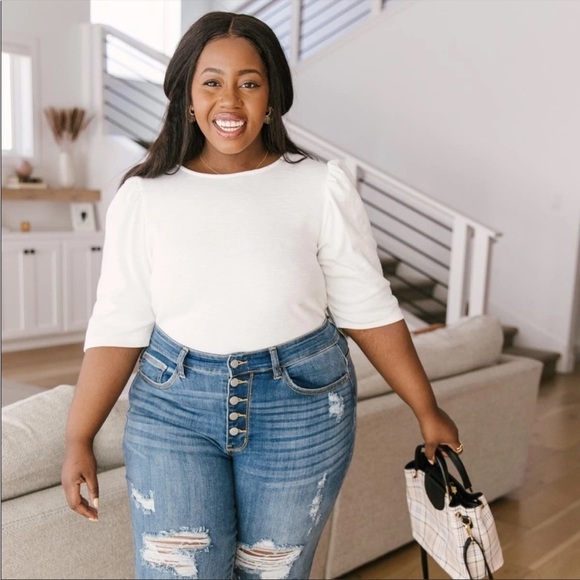 White Puff Sleeve Blouse Basic Knit Soft Stretchy - Picture 8 of 14